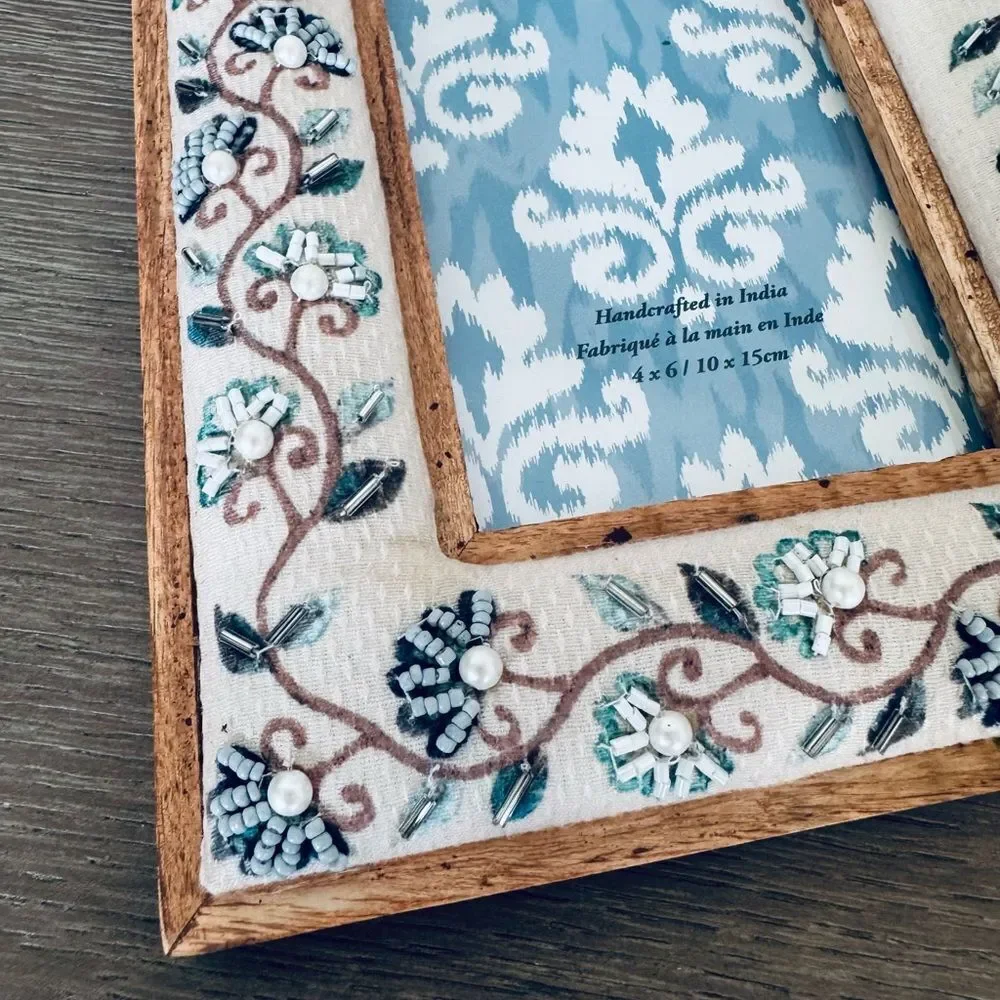Blue Floral Beaded Wood Fabric Picture Frame